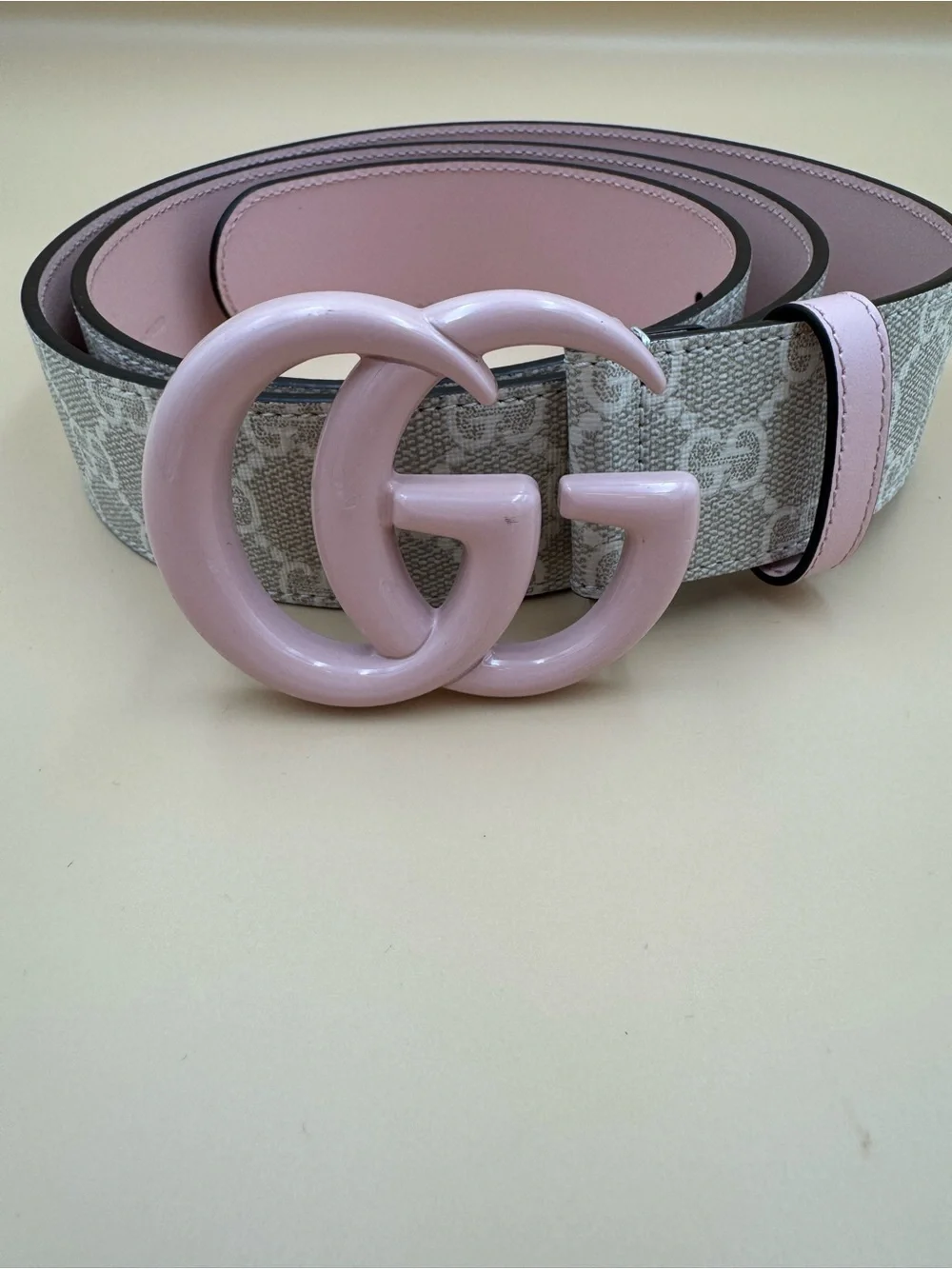 Gucci GG Marmont Pink Double G Belt Beige GG Supreme Canvas Pink Leather  110